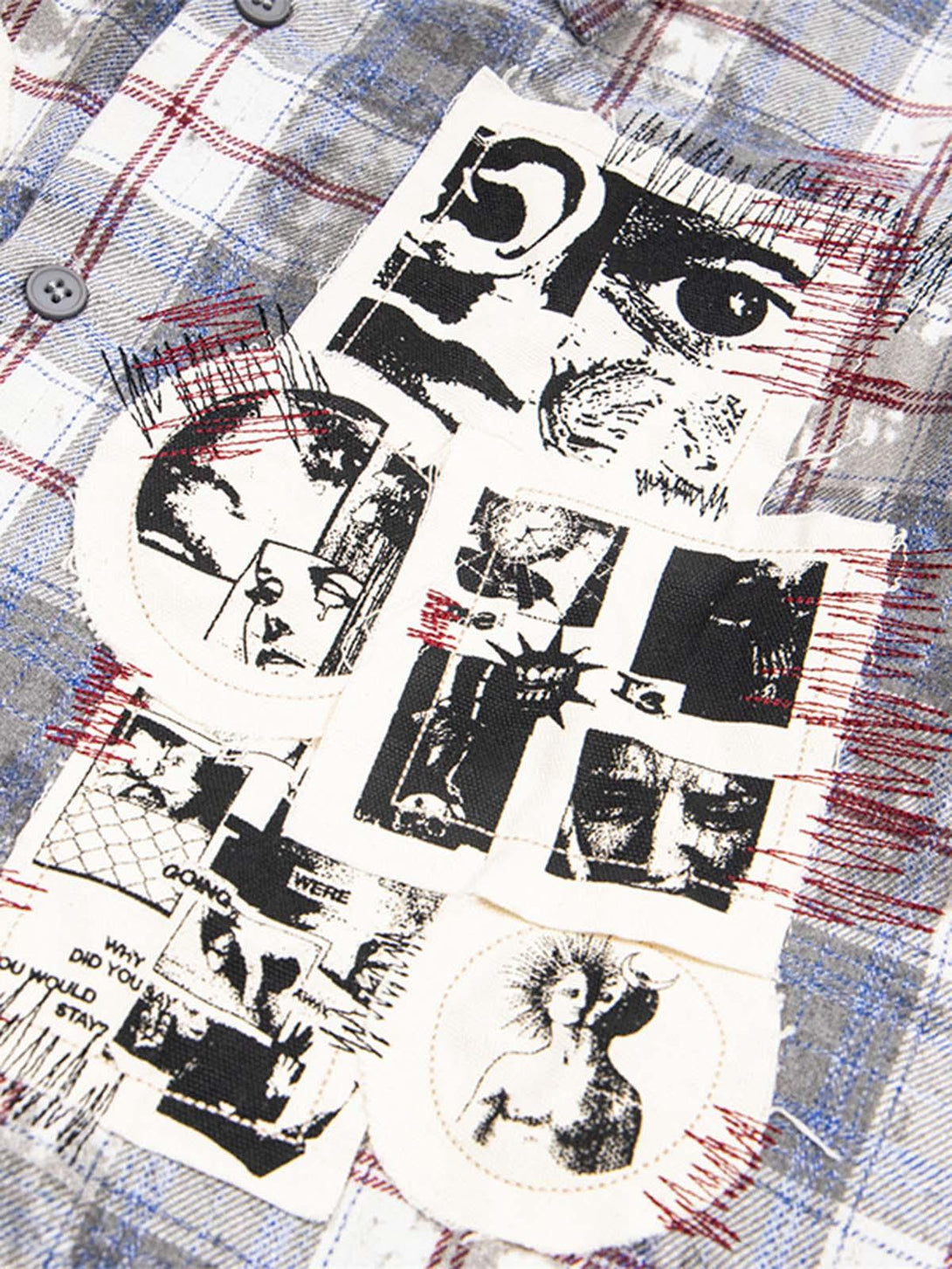 Detailed fabric and patchwork design on a plaid shirt by TALISHKO, showcasing artistic flair.