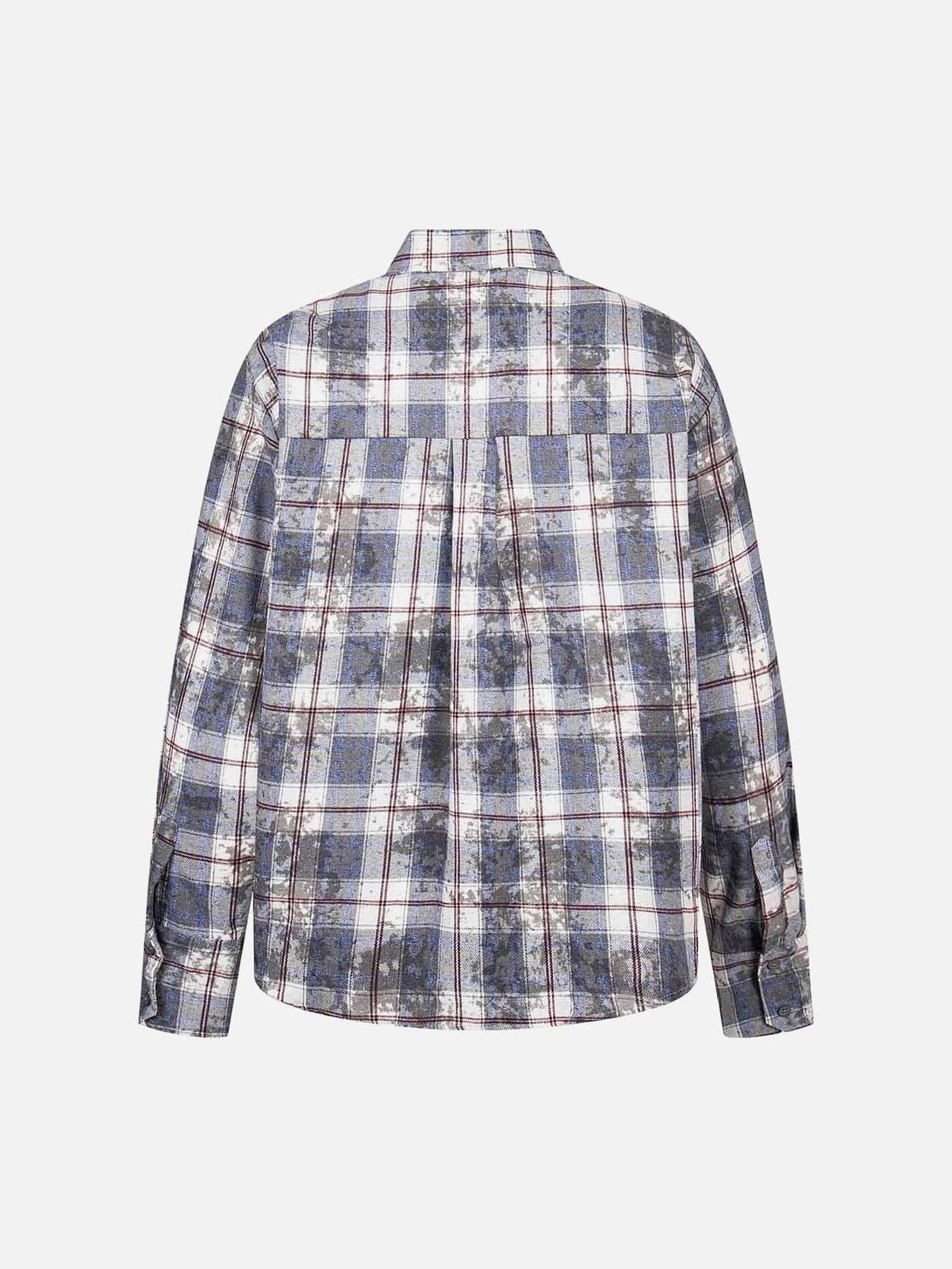 Back view of a plaid shirt with a retro vibe, featuring unique patterns, by TALISHKO.