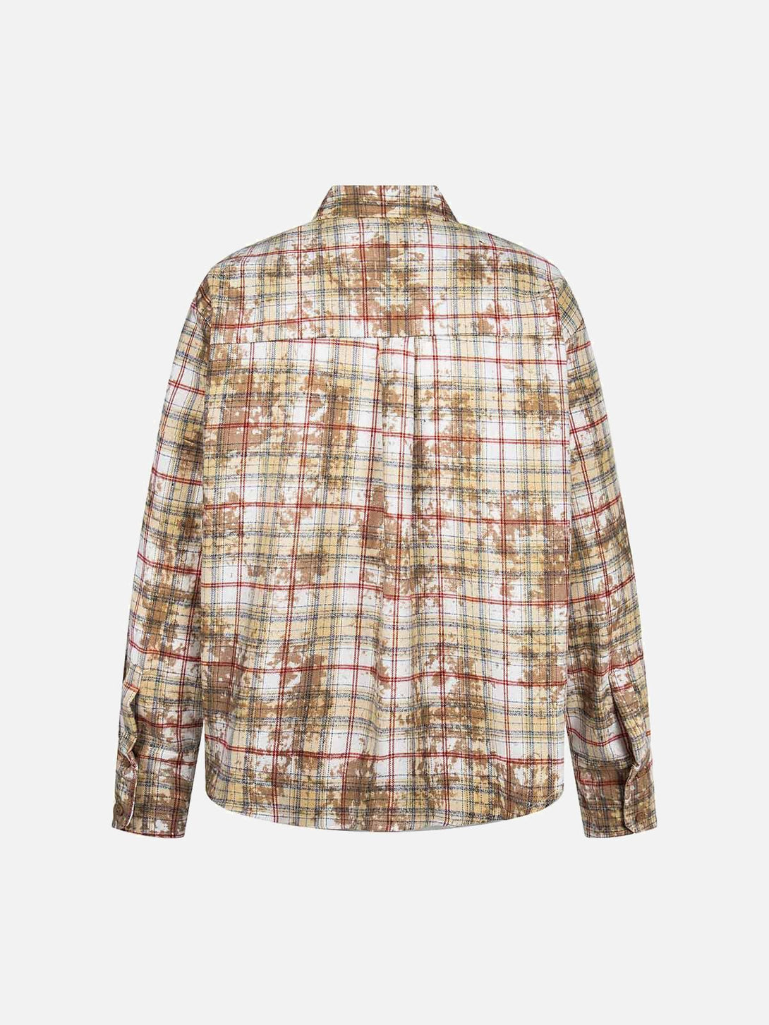 Back view of a TALISHKO plaid shirt showcasing a retro patchwork design and relaxed fit.