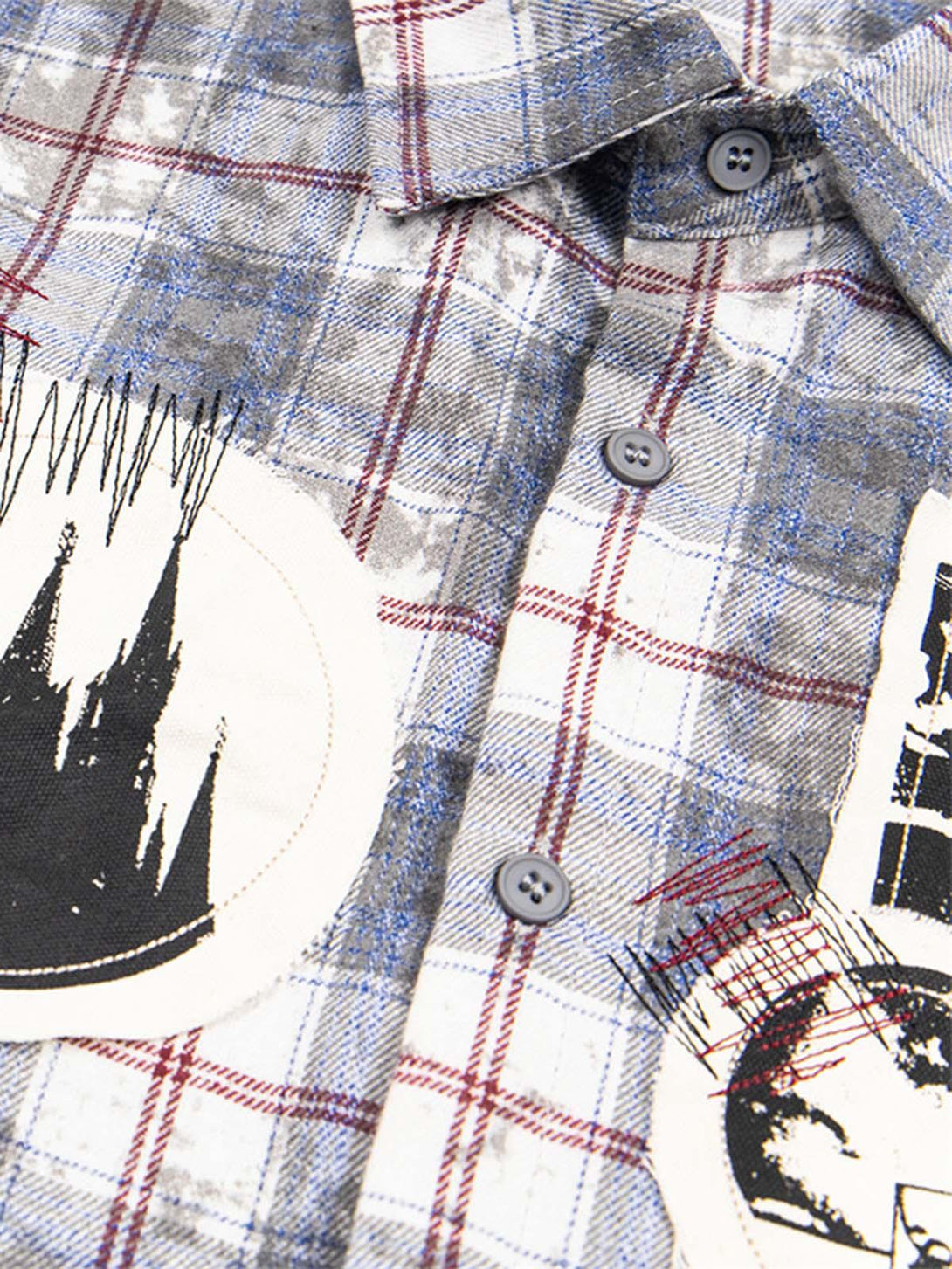 A close-up of TALISHKO's plaid shirt, highlighting unique patchwork and button details.