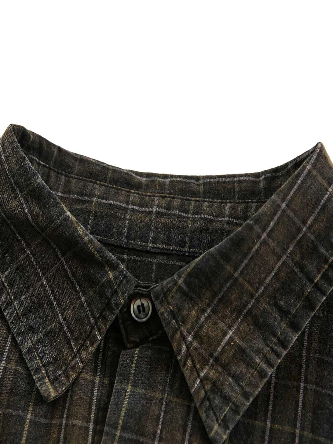 A tight crop highlighting the TALISHKO retro plaid shirt collar, showcasing its classic design.