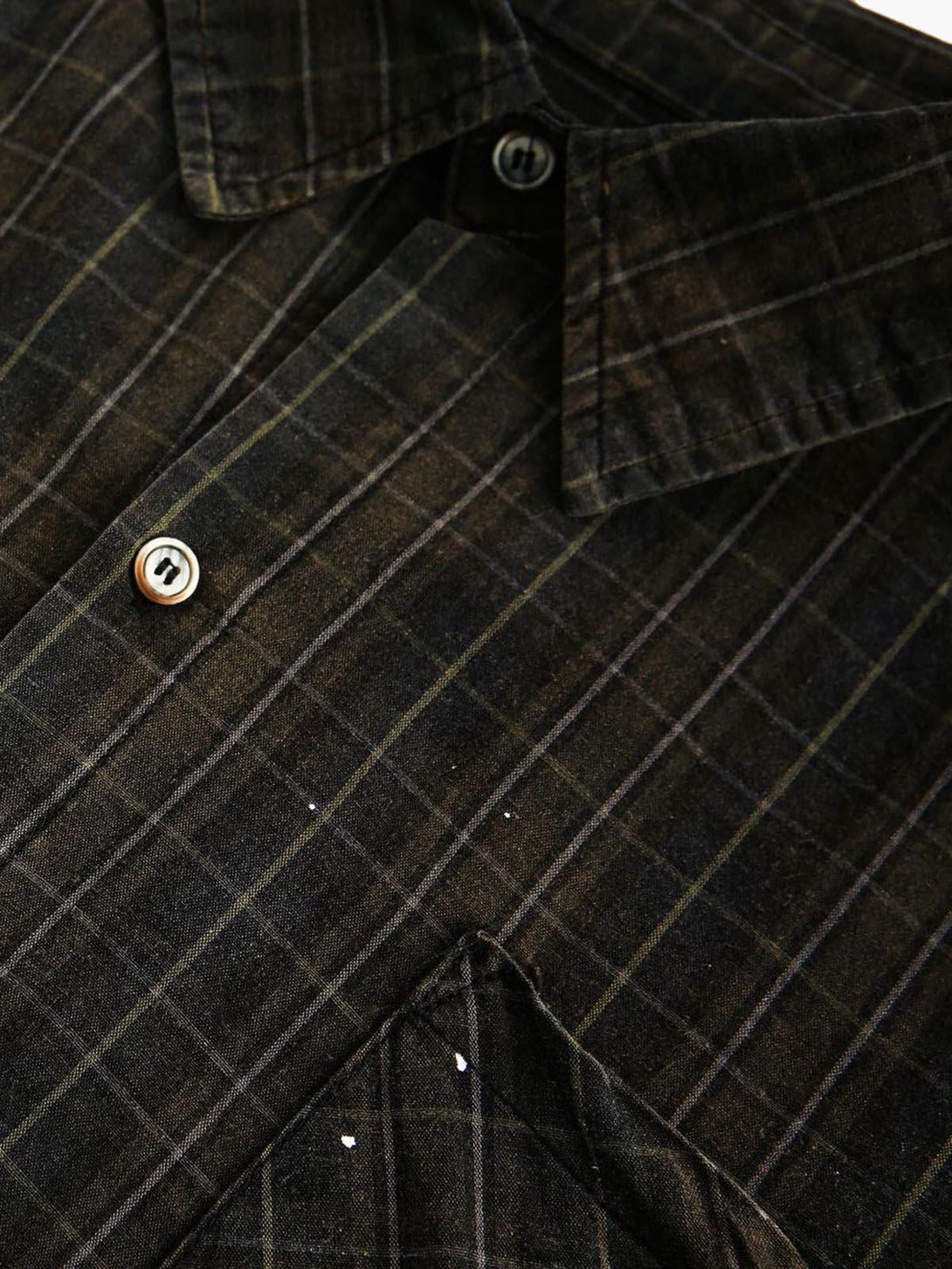 Zoomed-in texture of the TALISHKO retro plaid shirt, showcasing its detailed button design.
