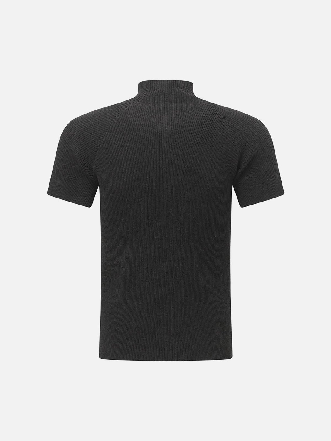 Back view of a black quarter zip-up T-shirt by TALISHKO, showcasing a sleek silhouette.