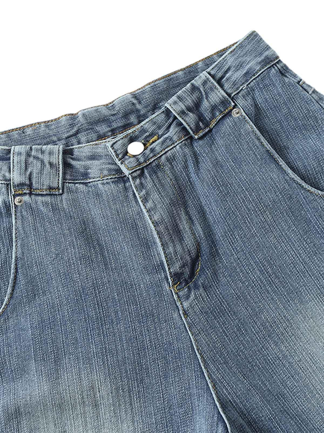 A close-up of TALISHKO's retro cleanfit washed baggy jeans, showcasing the front button detail.
