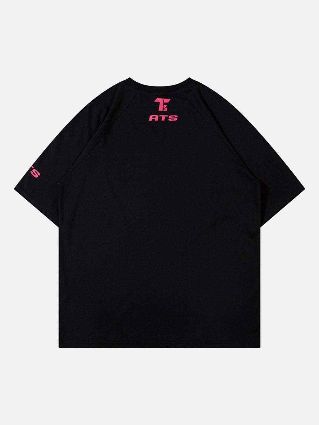 Back view of TALISHKO's black racing T-shirt with bold pink "ATS" lettering on the shoulder.