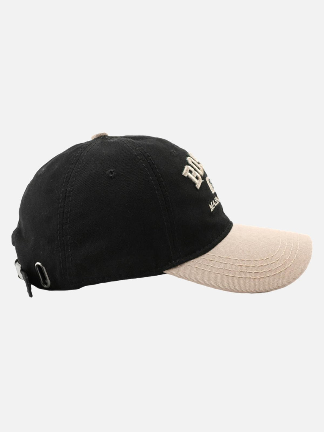 Side view of a TALISHKO cap with a black top and khaki brim, featuring monogrammed embroidery.
