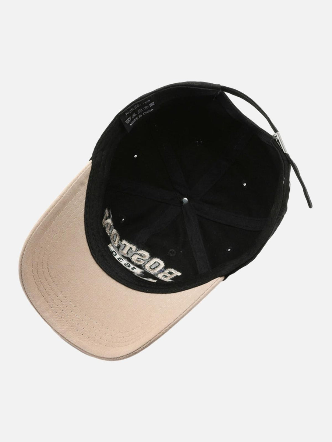 Inside view of a TALISHKO cap, highlighting the khaki brim and embroidered Boston detail.