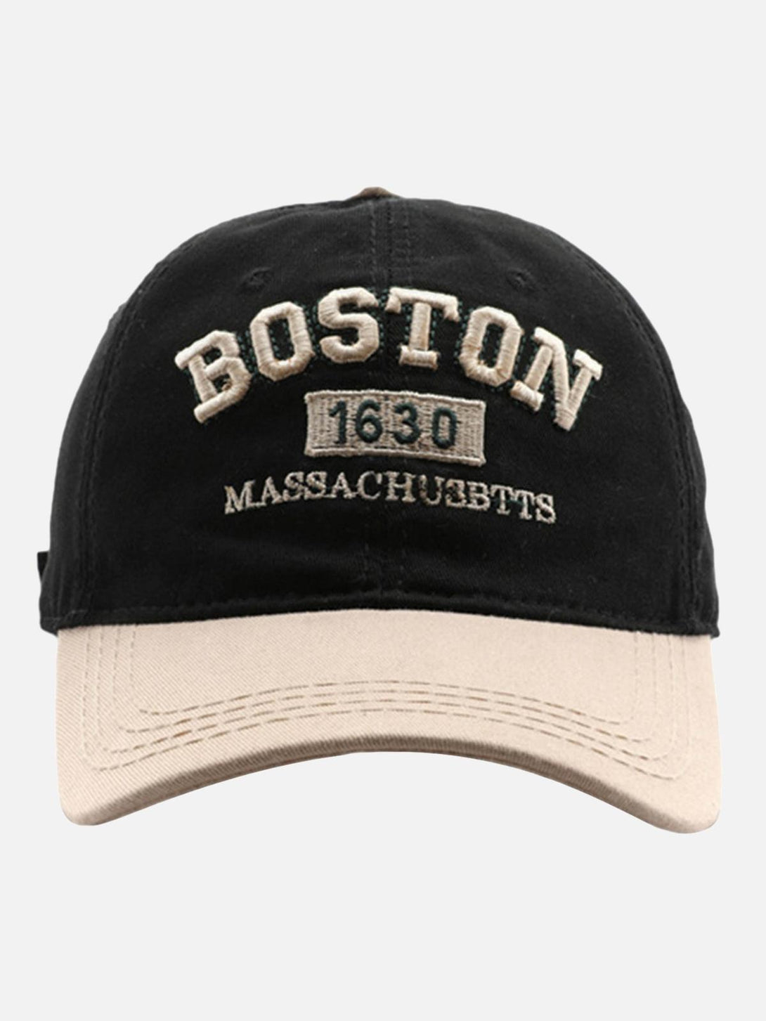 Front view of a TALISHKO cap with Boston embroidery, featuring a black top and khaki brim.