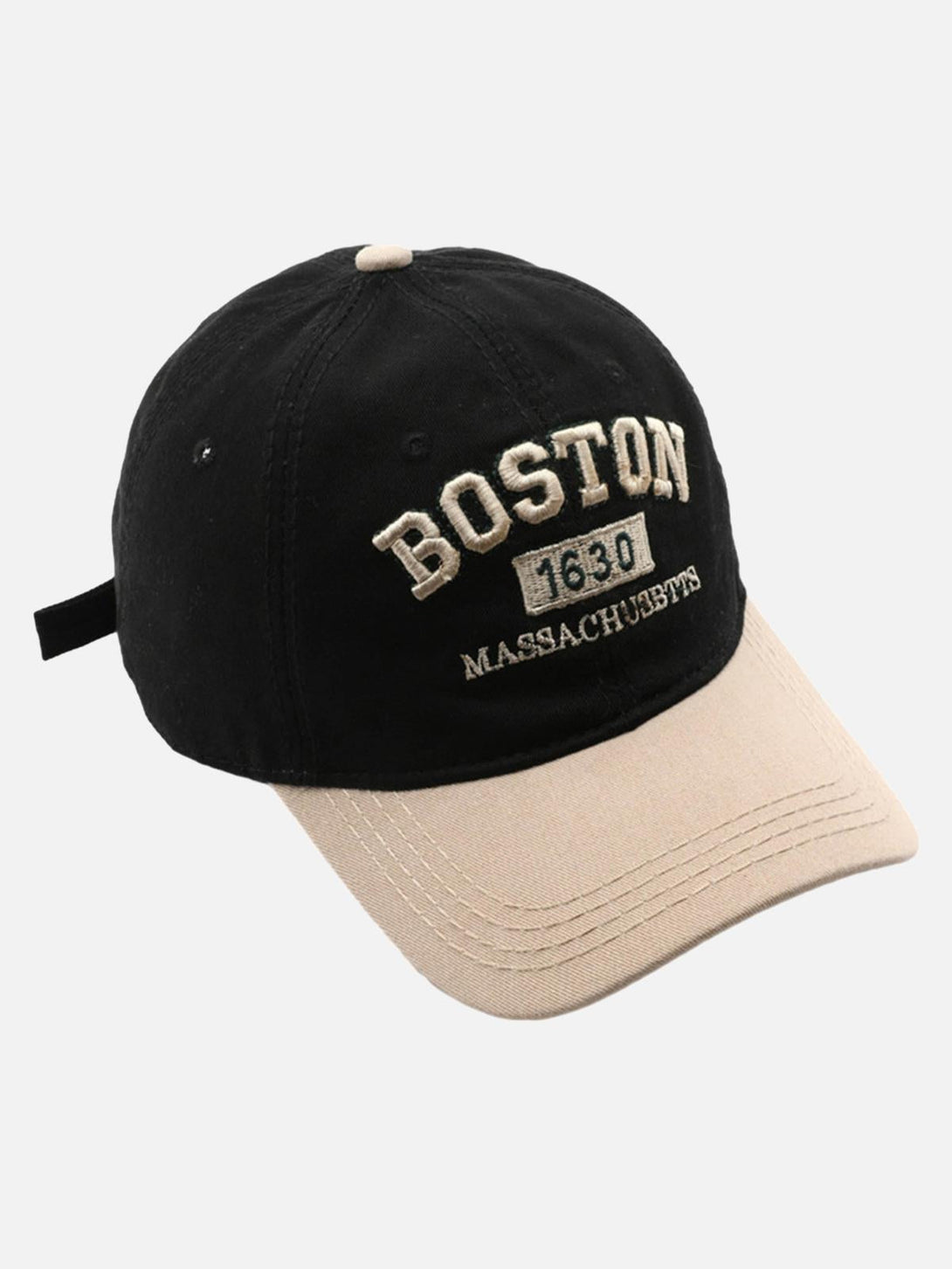 TALISHKO cap with black top and khaki brim, featuring Boston embroidery for a classic look.