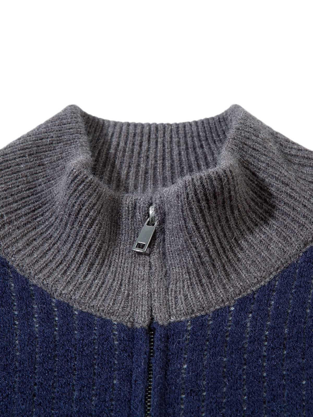 A detailed view of the gray ribbed collar on a TALISHKO retro contrast cardigan sweater.