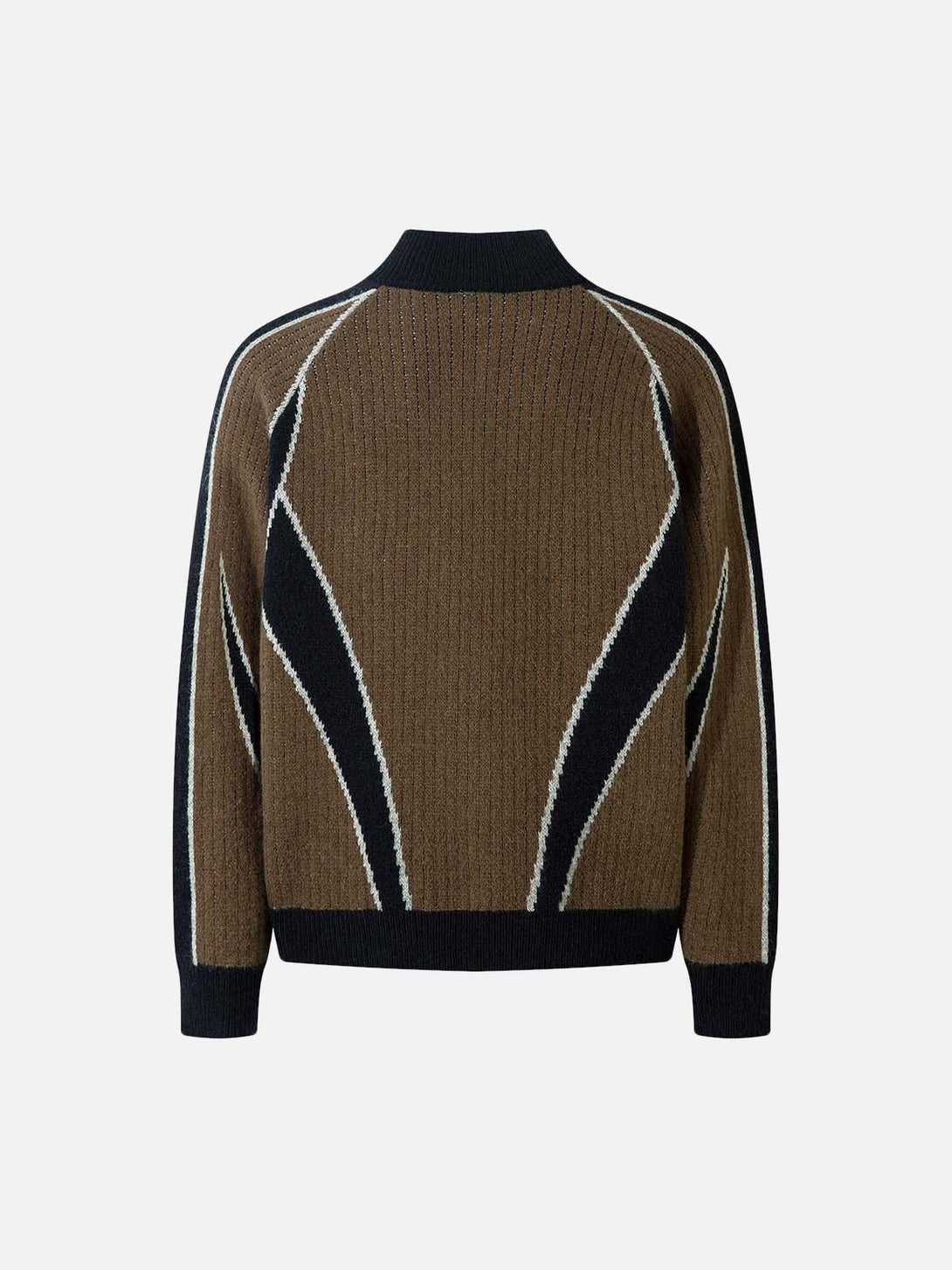 Back view of a brown knitted cardigan by TALISHKO, showcasing retro contrast patterns.