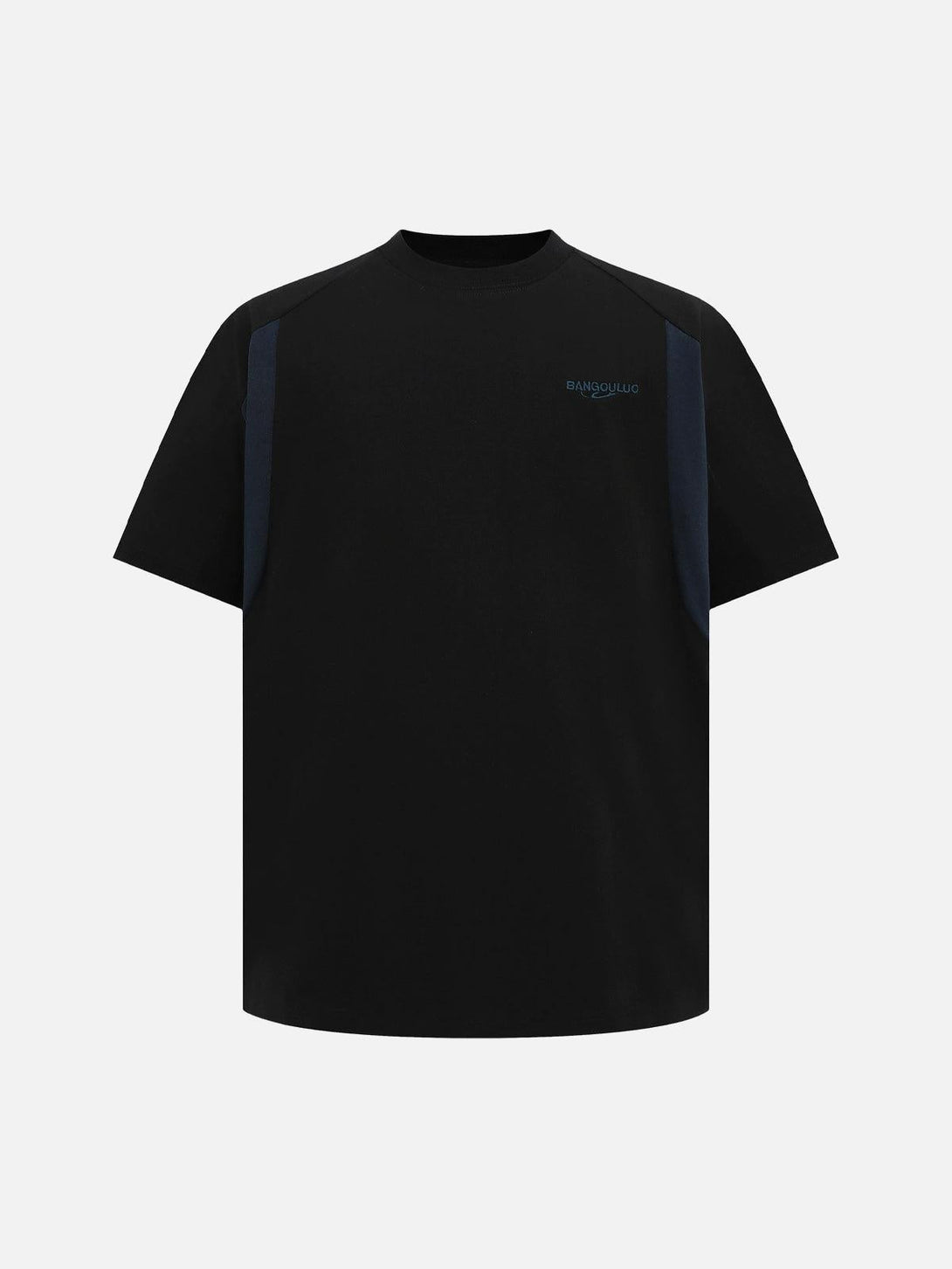 A black T-shirt by TALISHKO featuring contrast panels and subtle embroidered lettering on the front.