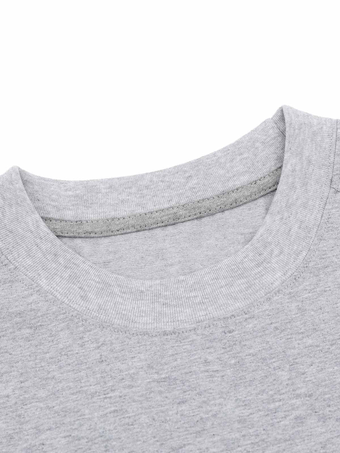 Close-up of the neckline on a gray T-shirt by TALISHKO, highlighting soft fabric texture.