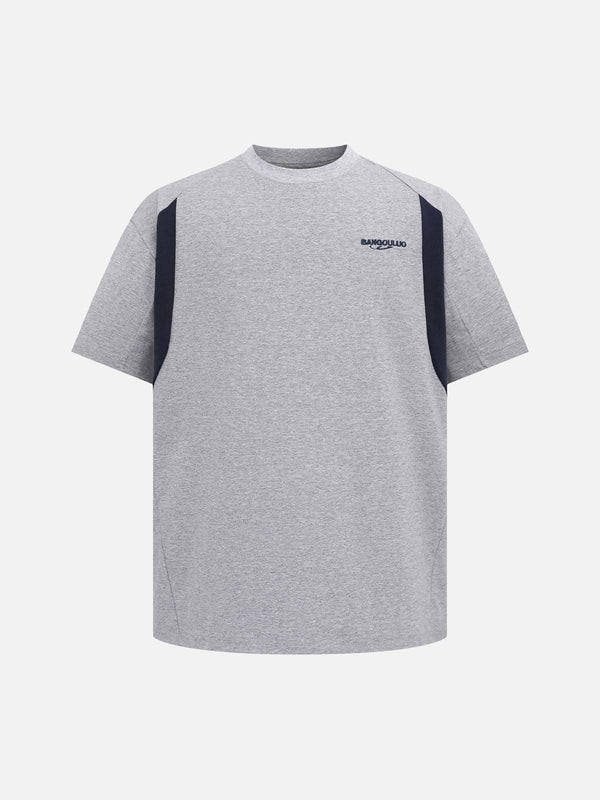 A stylish gray t-shirt by TALISHKO with contrast panels and embroidered detail on the front.