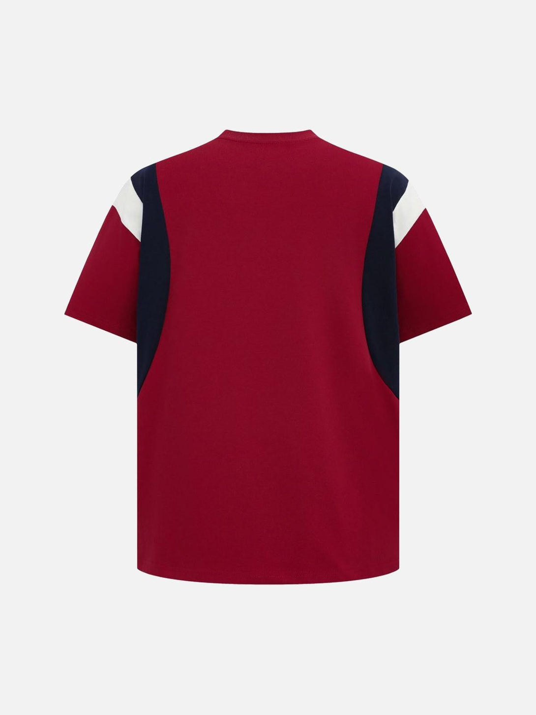 Back view of a red TALISHKO T-shirt with retro contrast stitching in navy and white.