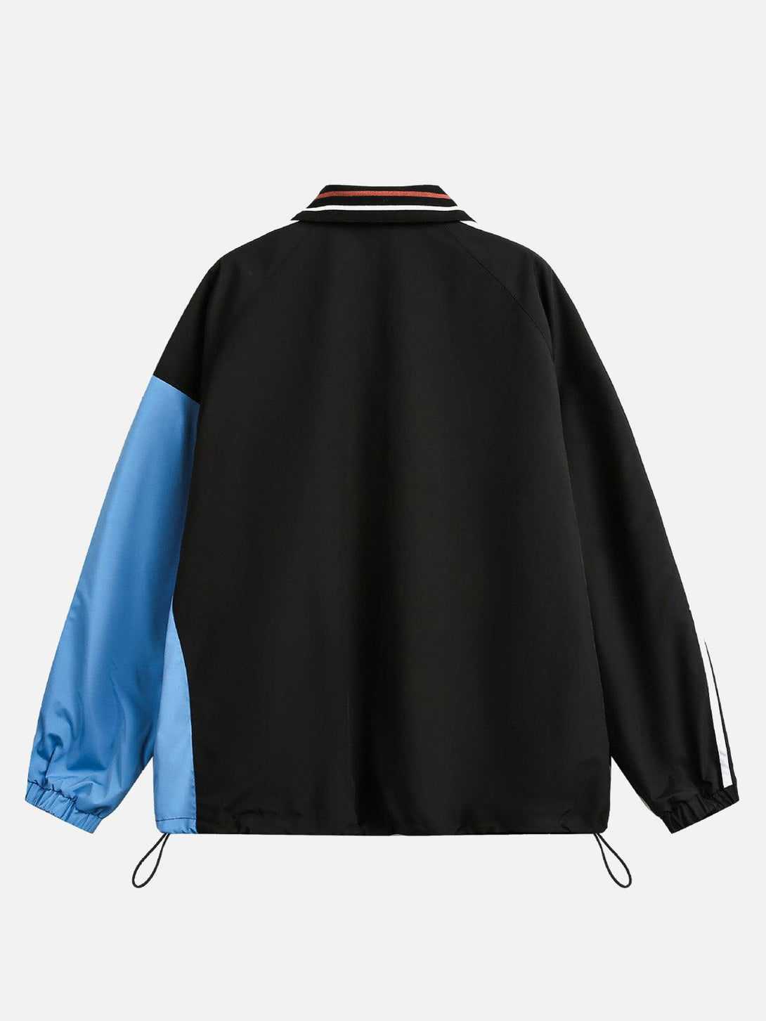 Back view of the TALISHKO jersey jacket, showcasing retro style with contrast blue sleeves.