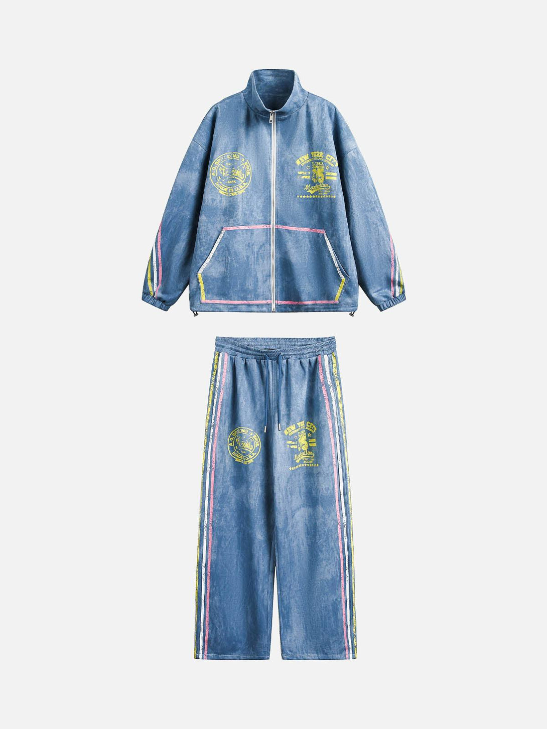 Blue TALISHKO track suit with retro contrast stripes and yellow graphics, front view.