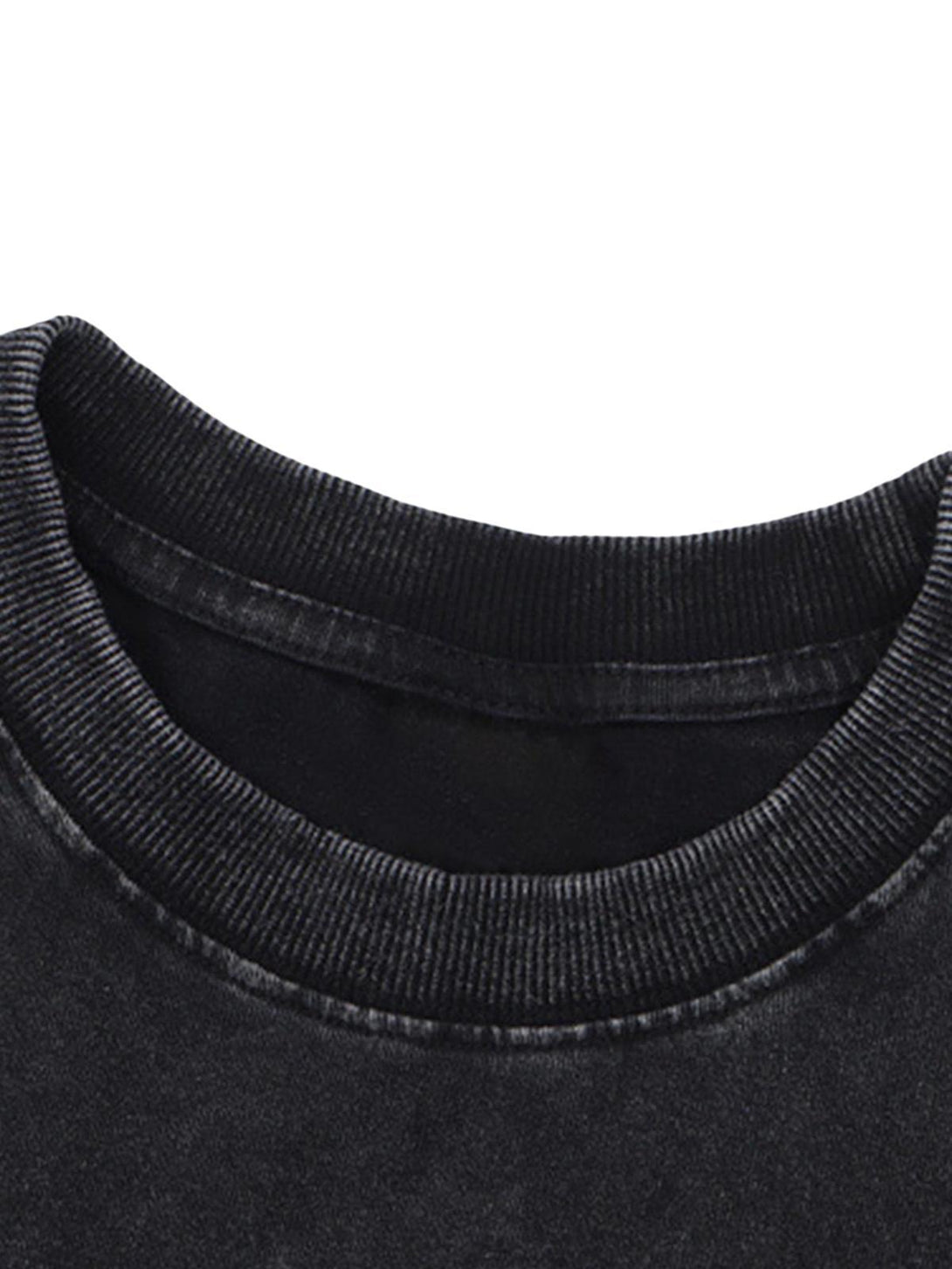 A close-up of TALISHKO's retro T-shirt neckline, showcasing its ribbed texture and vintage vibe.
