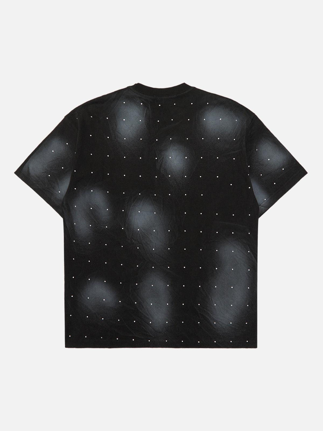 Back view of TALISHKO retro crystal letter T-shirt, featuring unique spotted design.