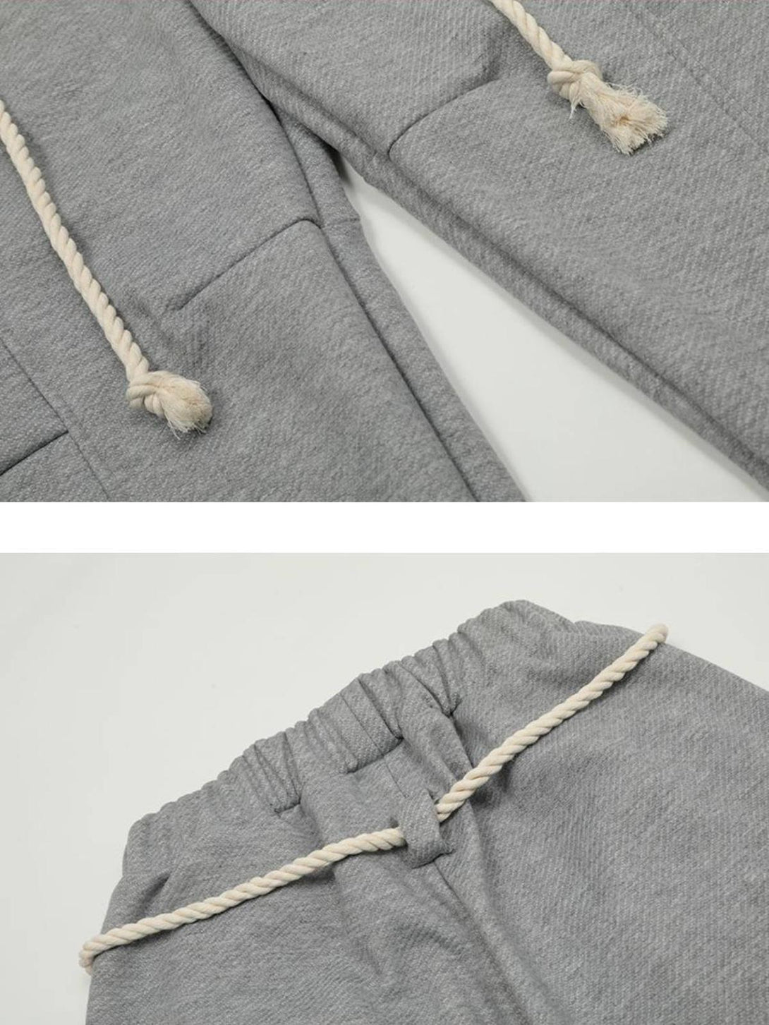 Detailed view of gray sweatpants by TALISHKO, highlighting unique rope drawstrings and texture.