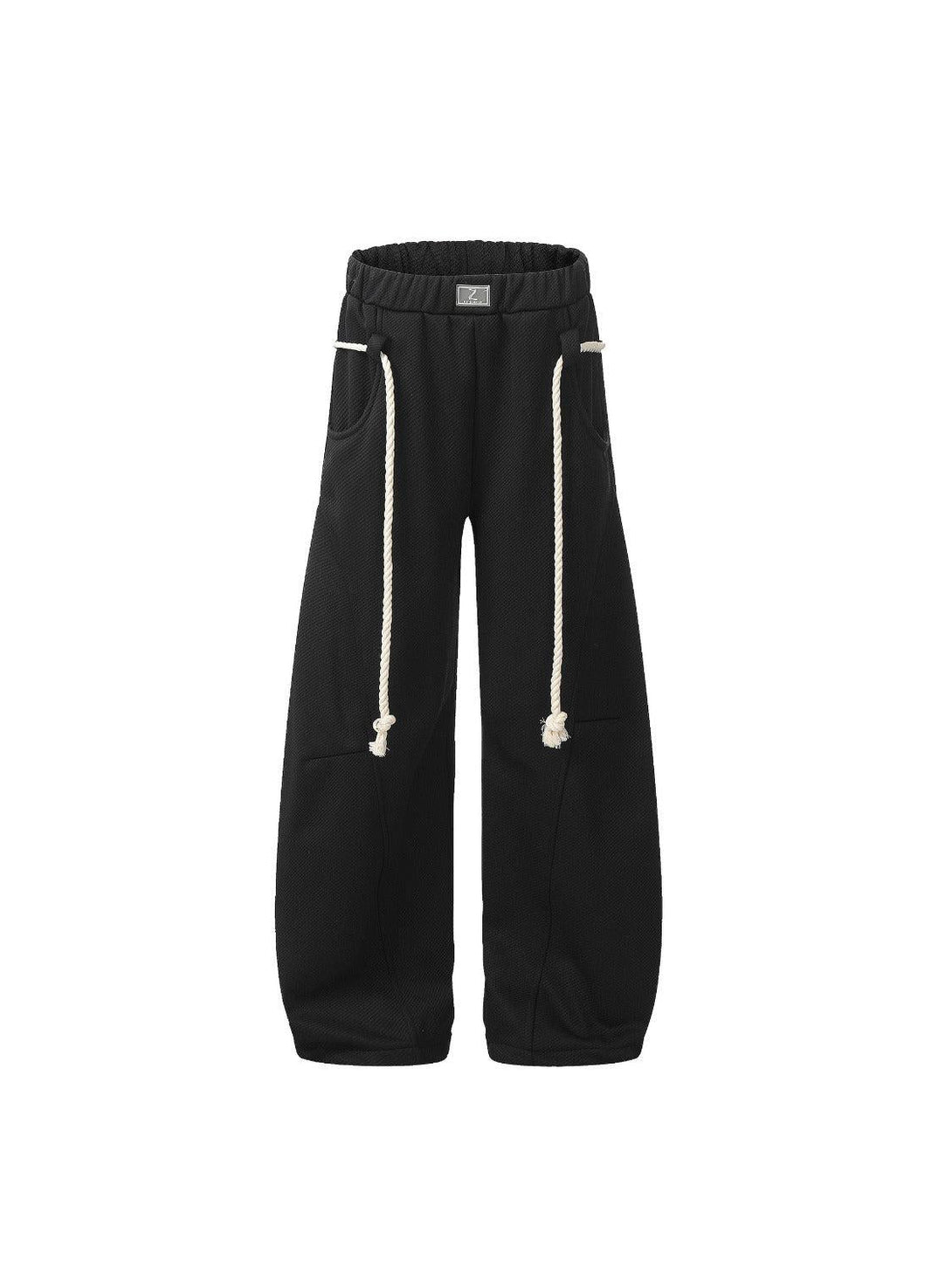 Black retro curved drape sweatpants by TALISHKO, featuring rope drawstrings and relaxed fit.
