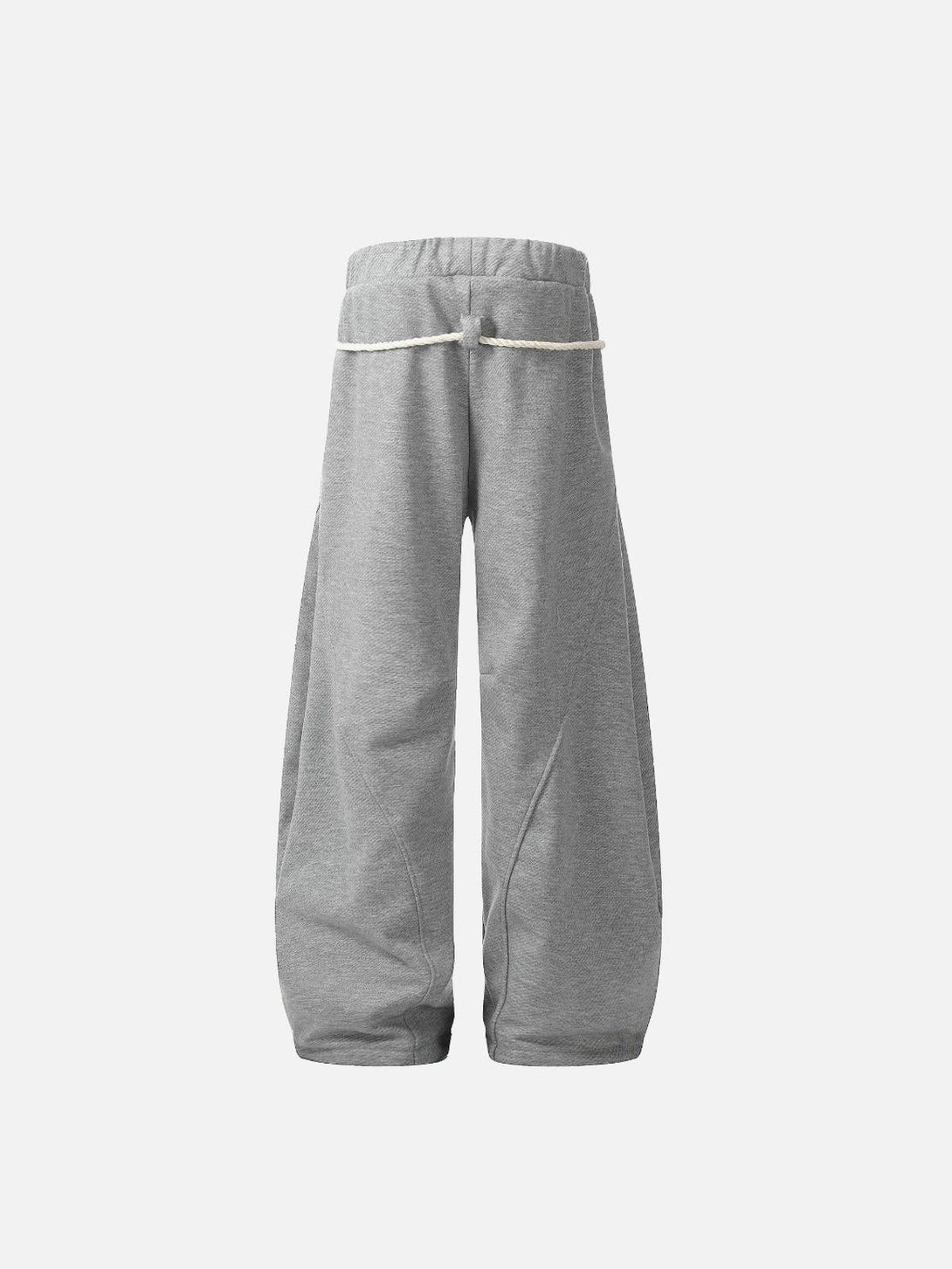 Back view of gray retro curved drape sweatpants by TALISHKO featuring rope detail.