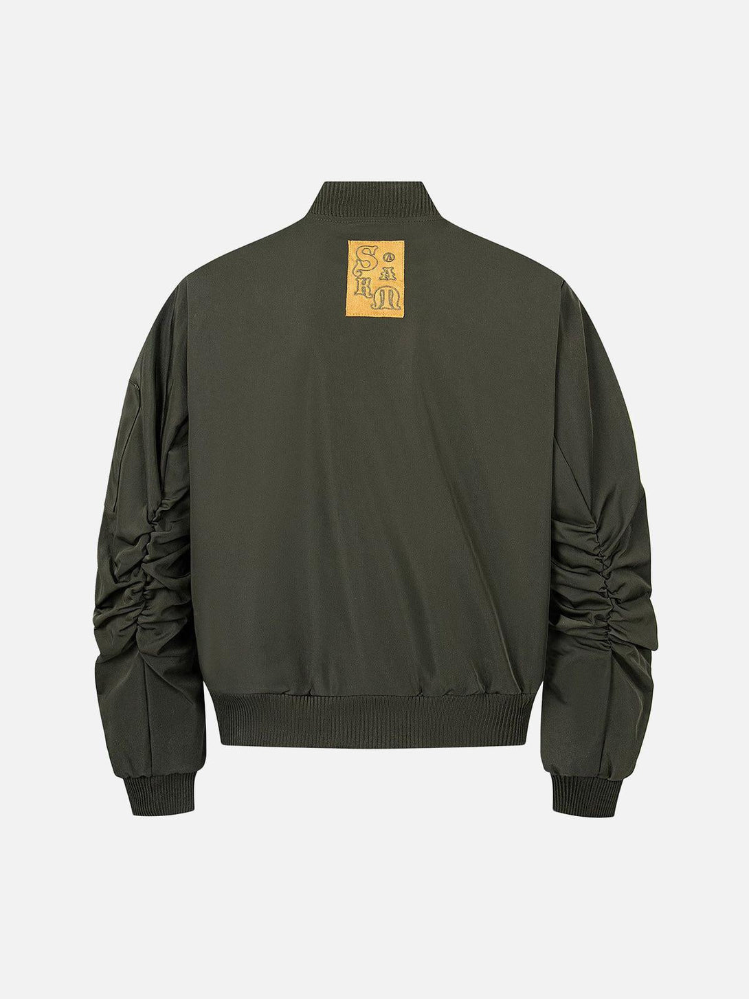 Back view of TALISHKO bomber jacket in army green, highlighting retro deconstructed design.