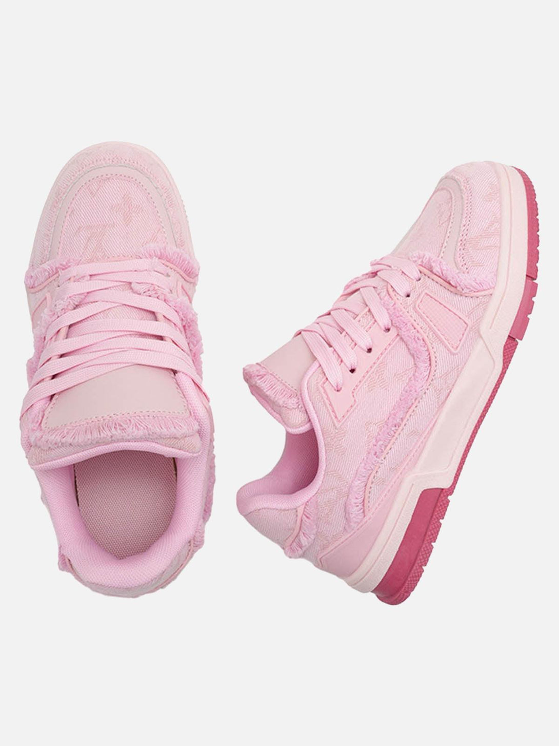 Top view of pink retro denim sneakers by TALISHKO, featuring plush texture and bold design.