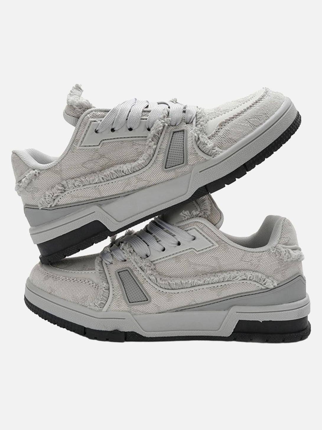 Layered gray retro denim sneakers by TALISHKO, featuring a textured design and casual style.