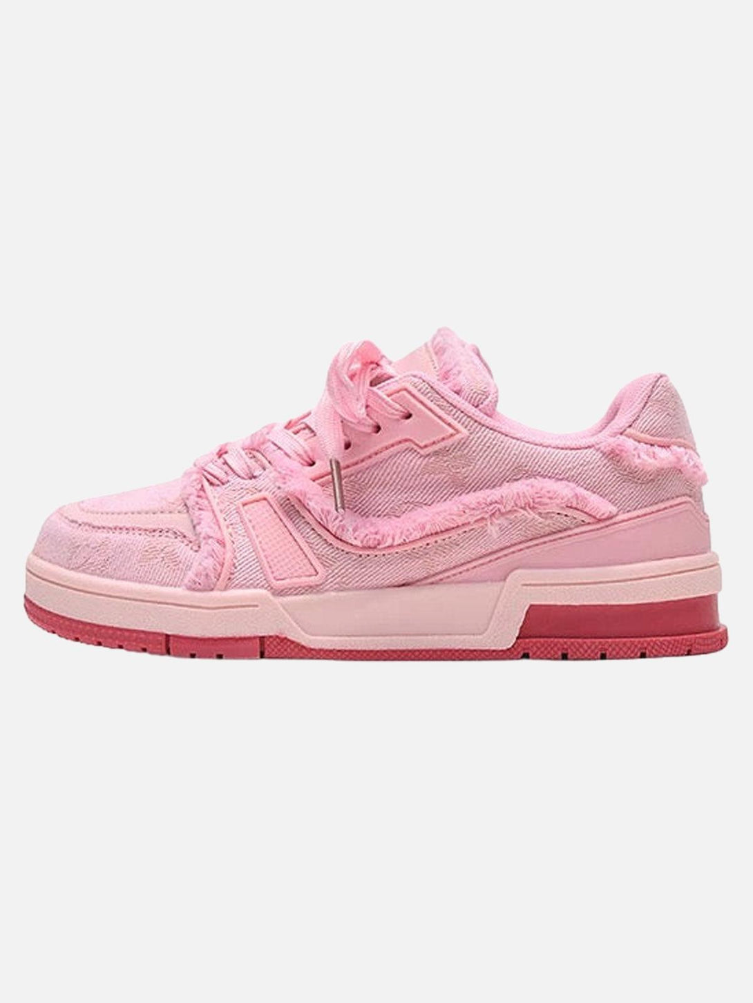 Side view of pink retro denim sneakers by TALISHKO, featuring a unique textured design.
