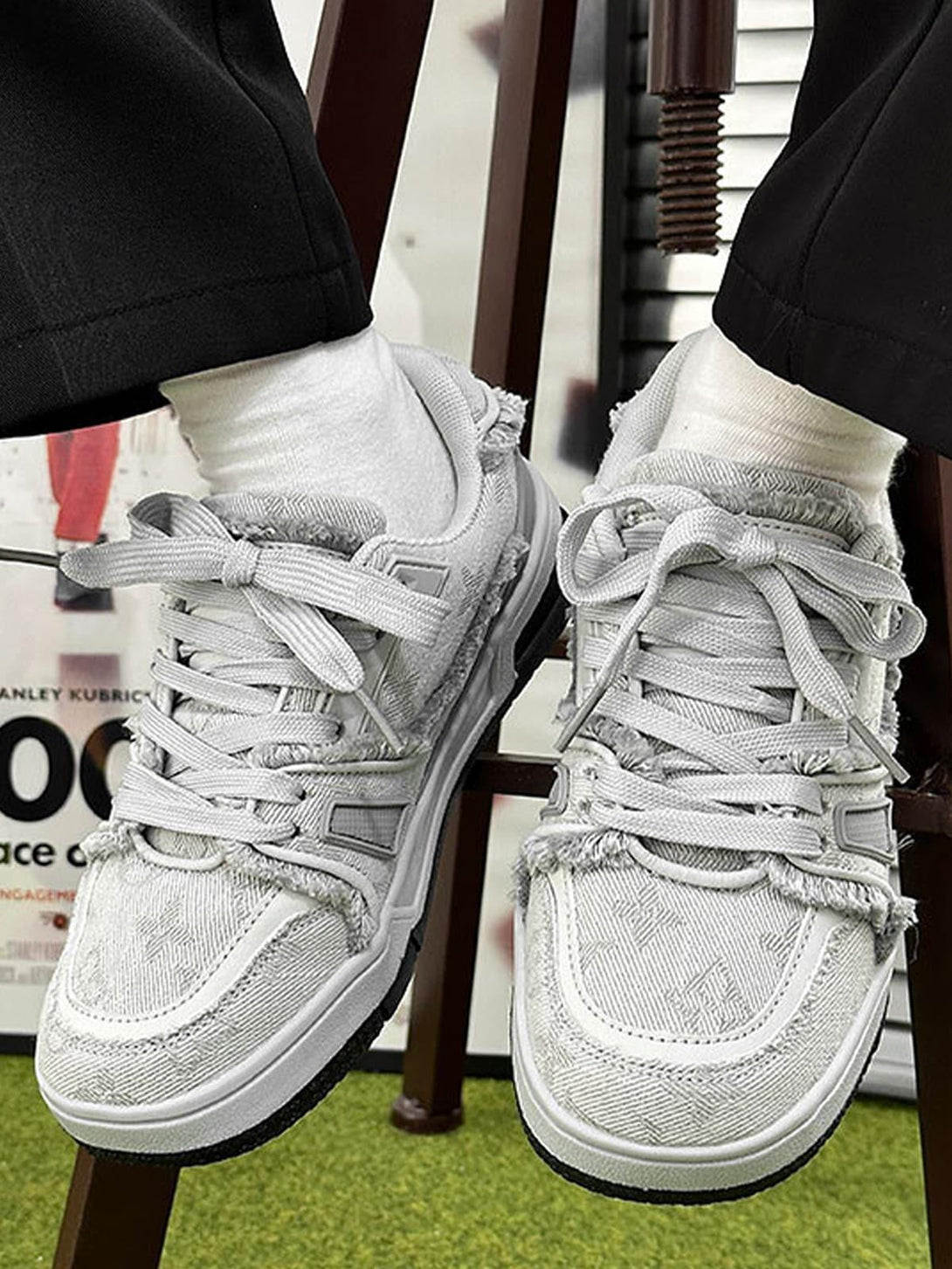 TALISHKO retro denim sneakers in gray, featuring a textured design with a casual street vibe.
