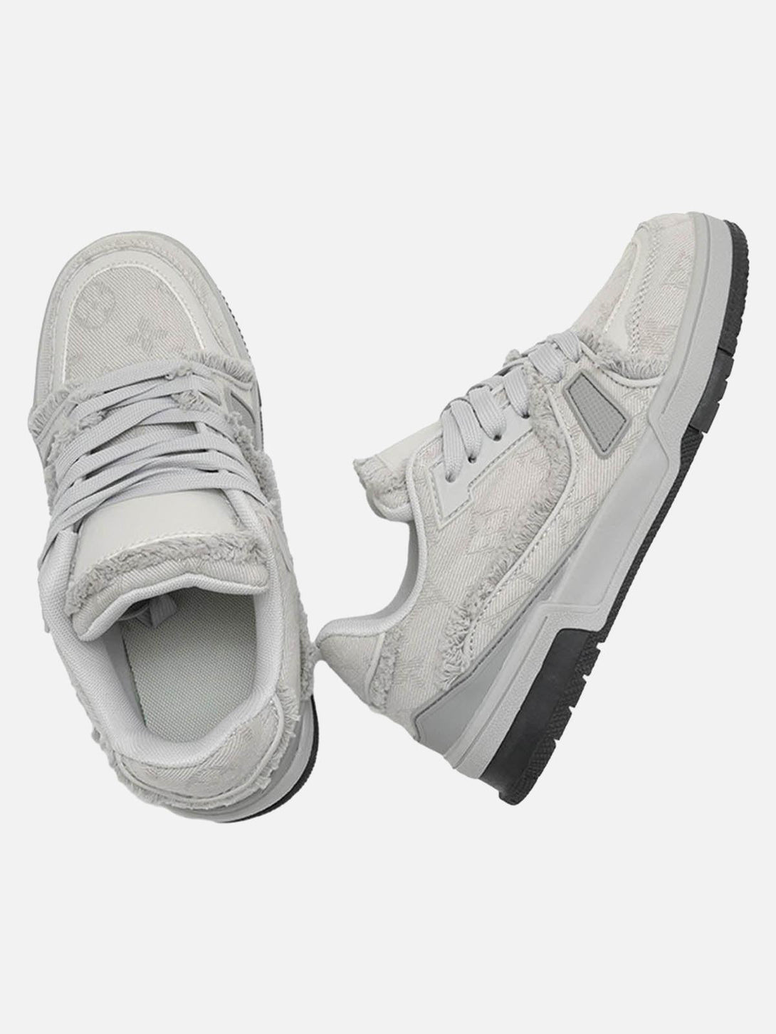 Top view of retro gray denim sneakers by TALISHKO, highlighting the textured fabric and style.