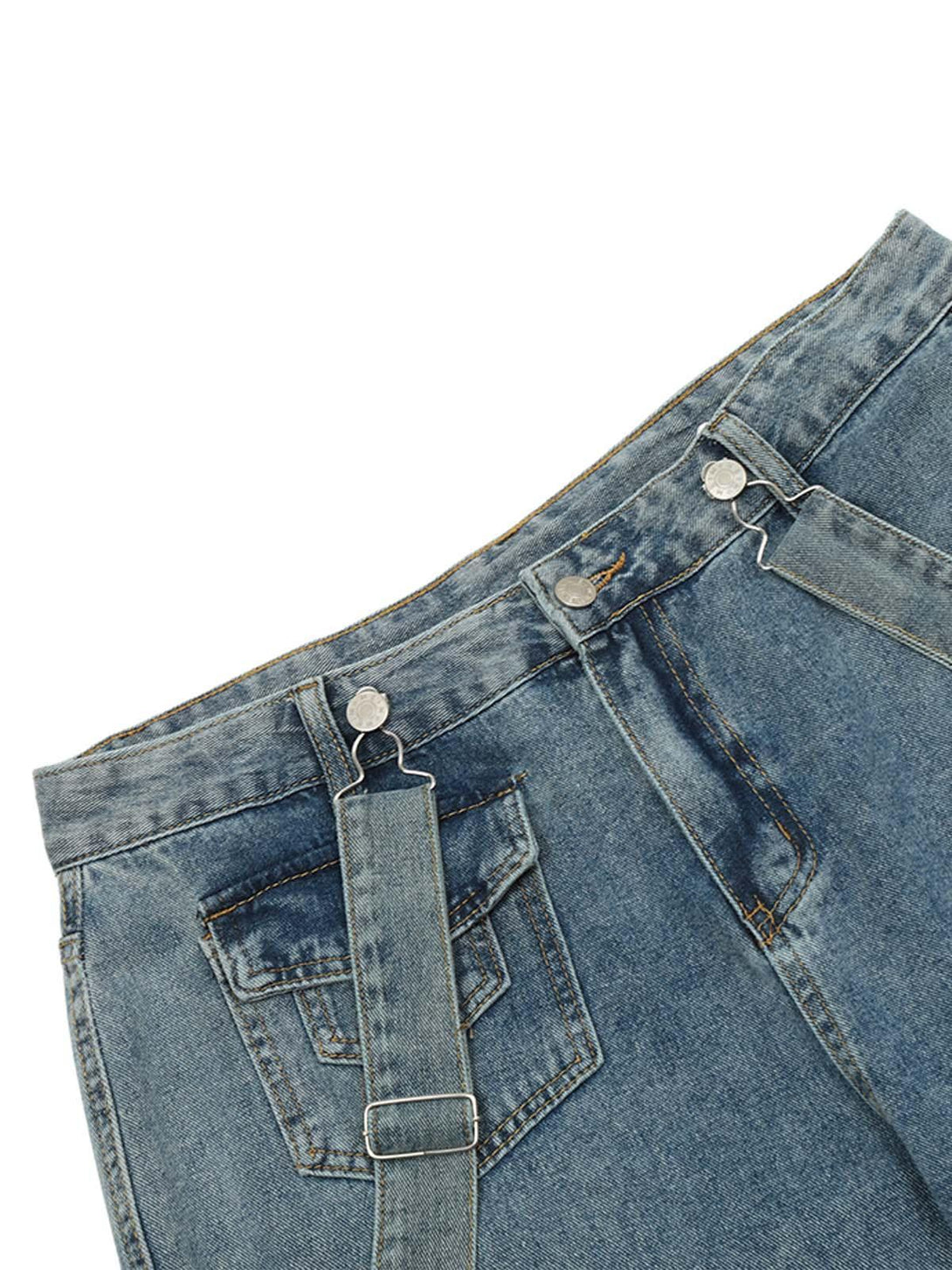 A detailed view of TALISHKO's retro jeans showcasing detachable straps and multi-pocket design.