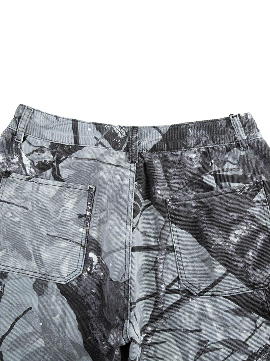 Rear view of TALISHKO's retro distressed camouflage shorts, showing detailed pocket design.