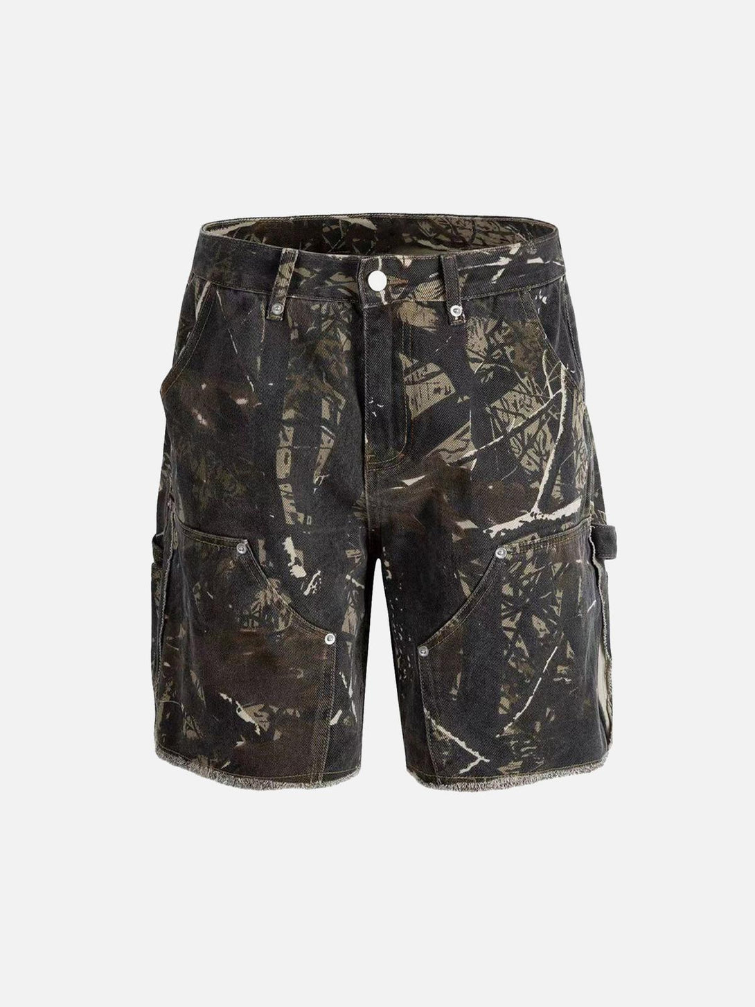 Retro distressed camouflage shorts by TALISHKO, showcasing a hip-hop workwear style.