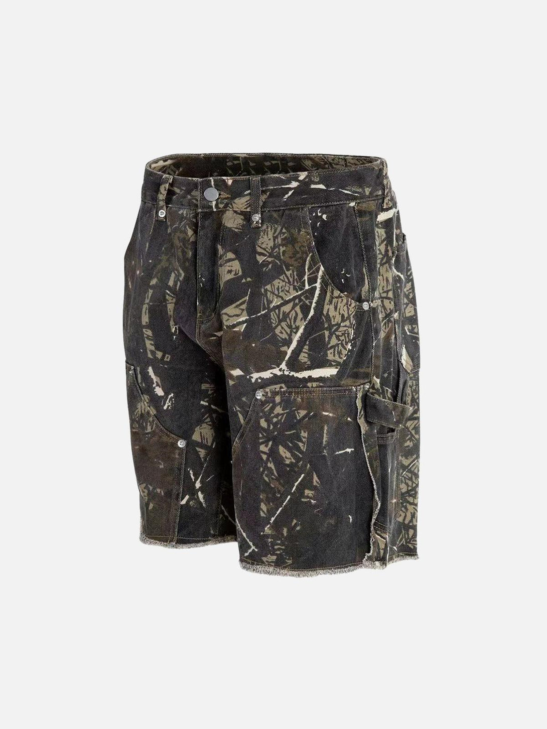 Retro distressed shorts with camouflage pattern by TALISHKO, highlighting workwear style.