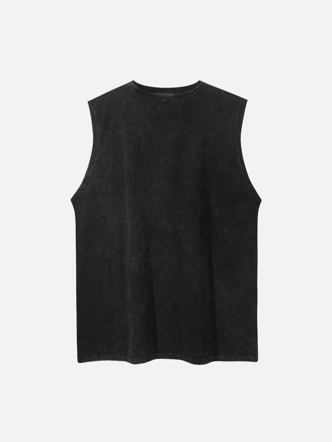 Back view of a black street rap vest with a retro distressed look, crafted by TALISHKO.
