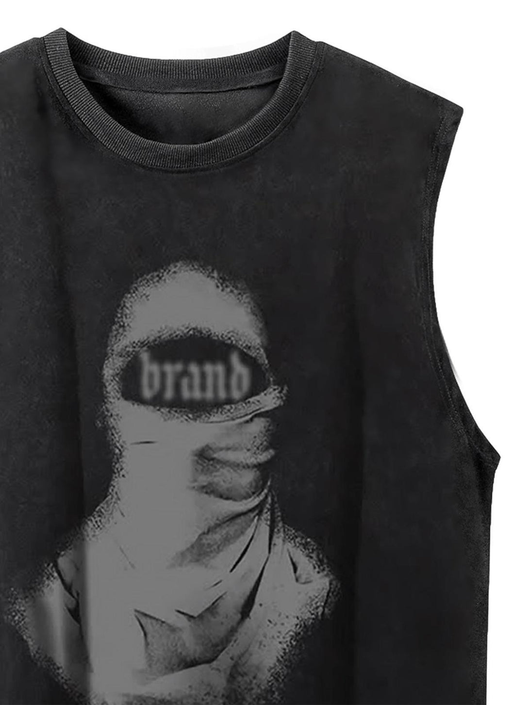 Close-up of a retro character print on a street rap vest by TALISHKO, showcasing distressed design.