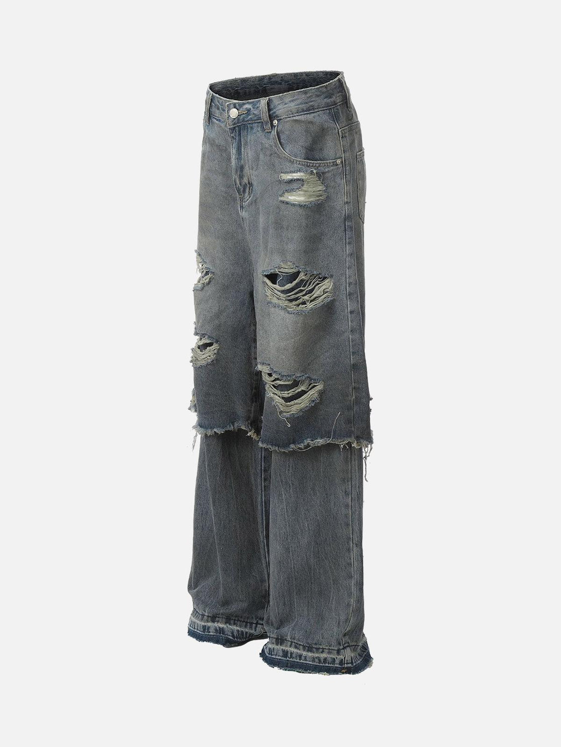 Retro-inspired side view of distressed faux two-piece ripped jeans by TALISHKO, showcasing bold streetwear style.