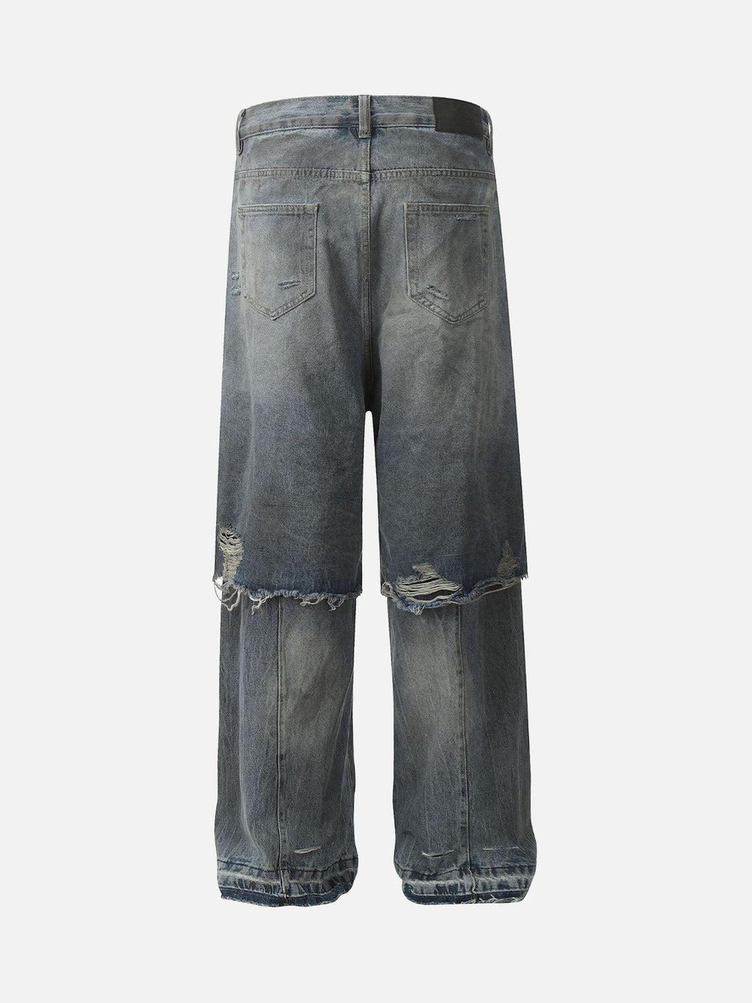 Back view of distressed faux two-piece ripped jeans by TALISHKO, featuring a retro vibe.