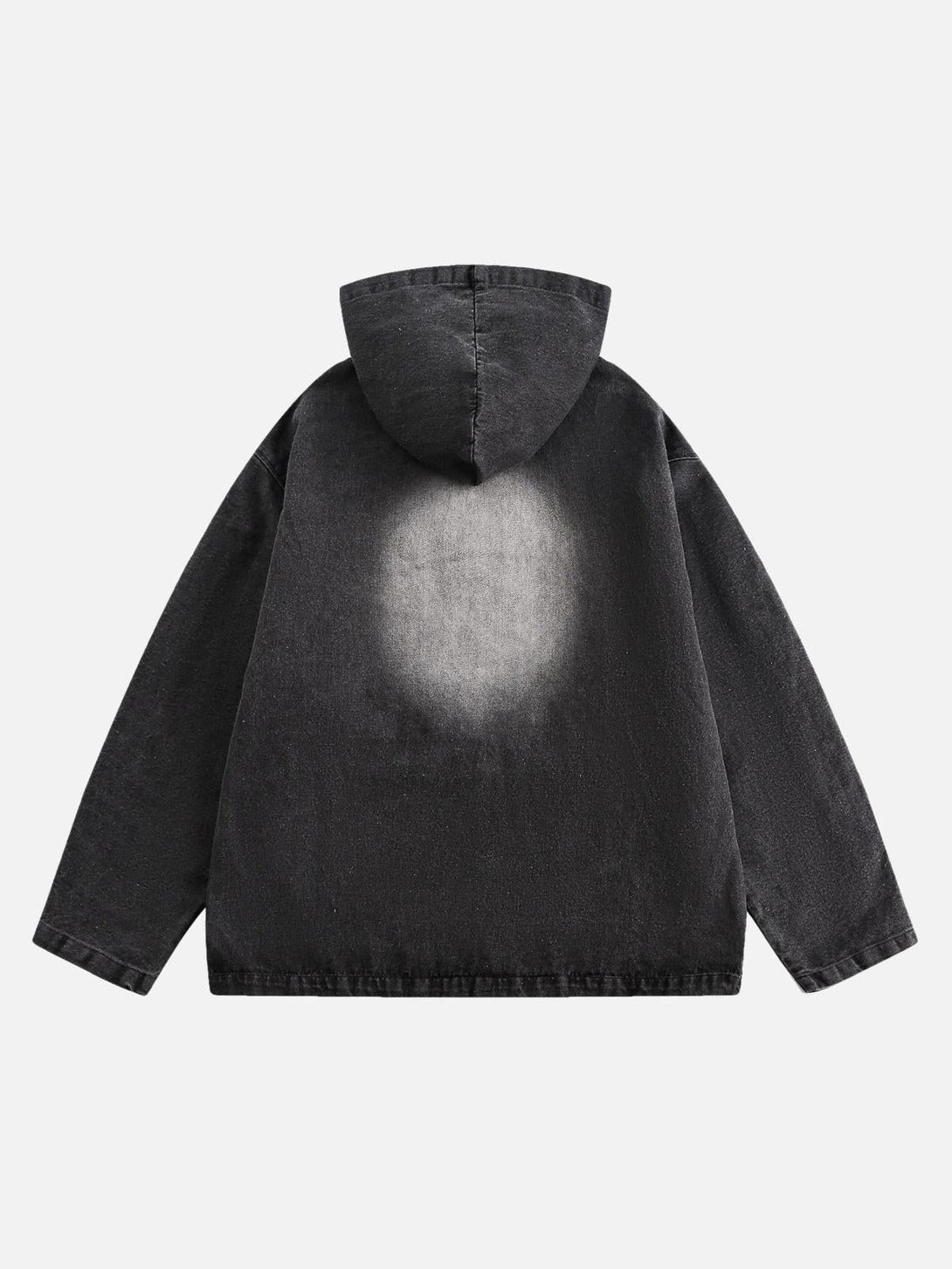 Back view of TALISHKO's retro distressed black denim hoodie, showcasing a unique faded effect.