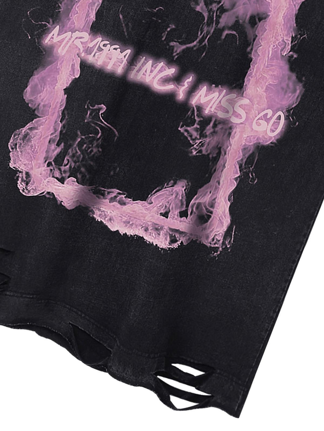 Detailed look at TALISHKO's vest with a pink smoke design on distressed black fabric.