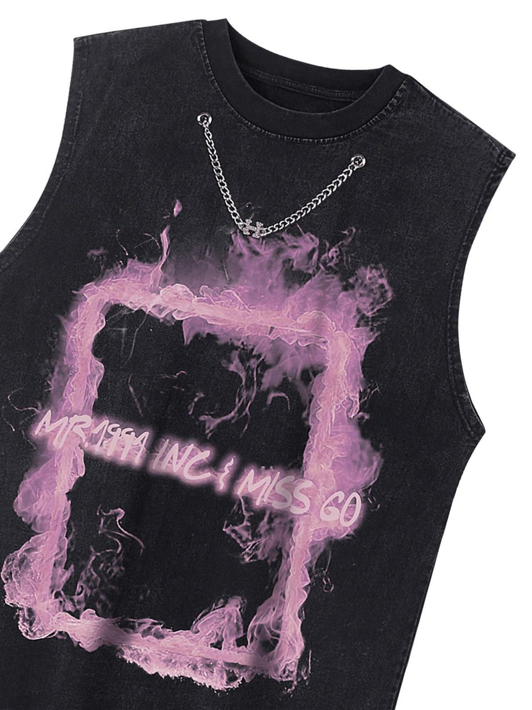 A close-up of a black TALISHKO vest showcasing a pink smoke print and chain detail.