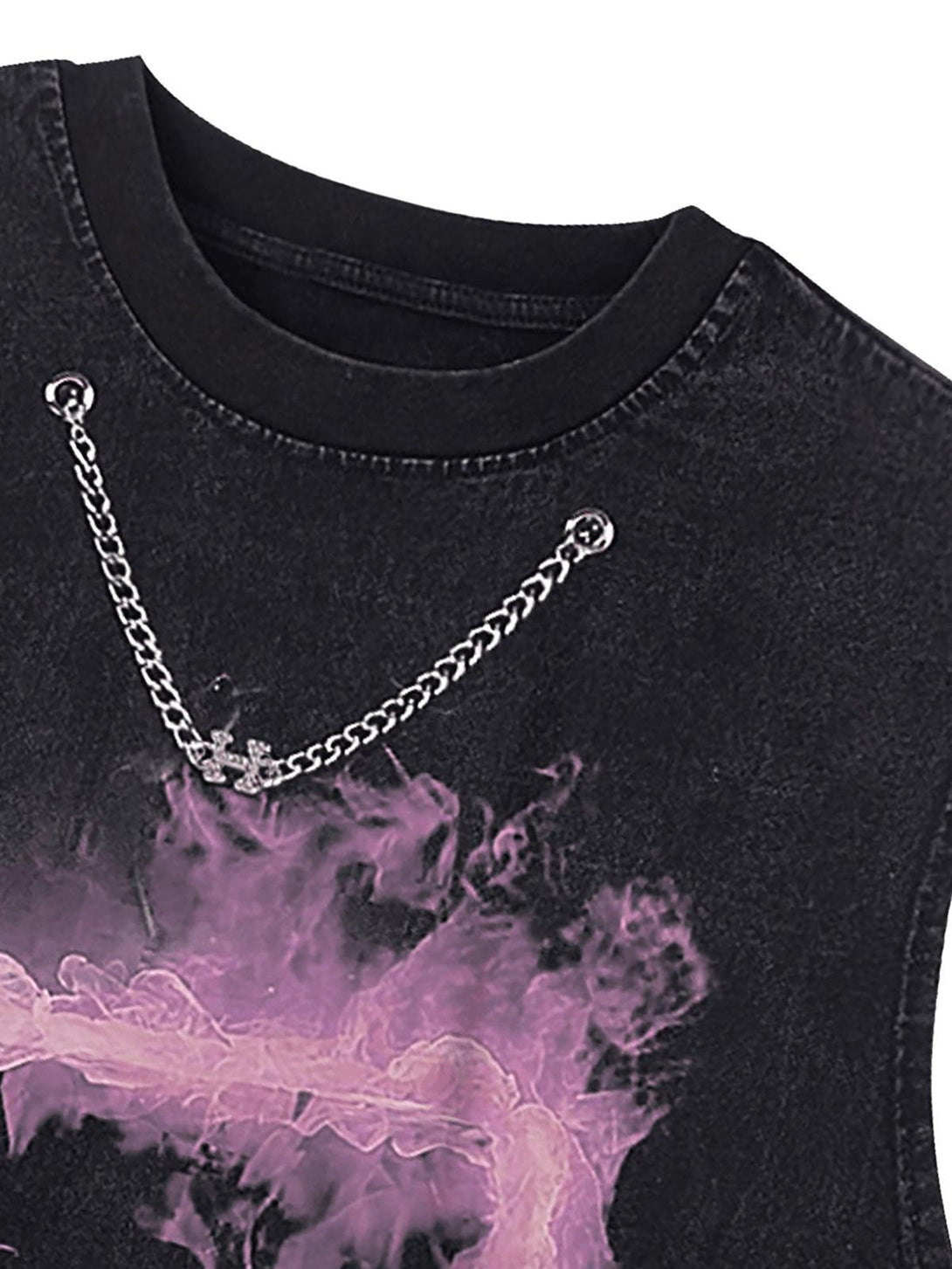 A zoomed-in shot of TALISHKO's vest features a pink smoke print and chain detail for edgy style.