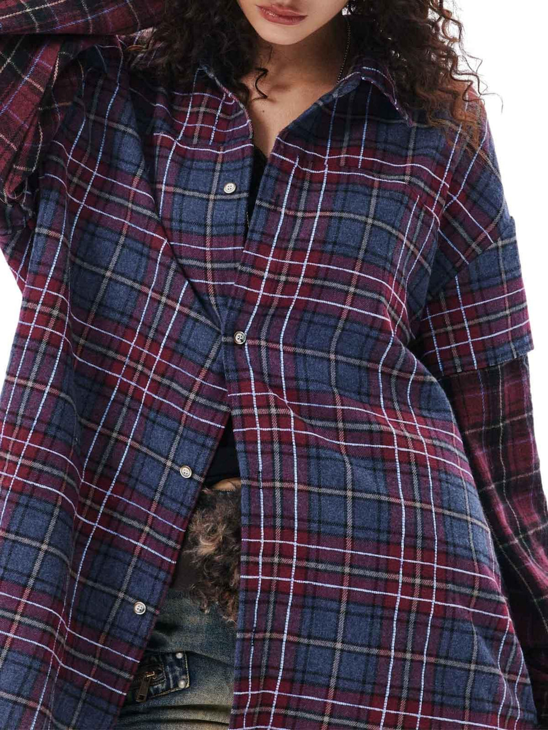 TALISHKO plaid shirt with retro faux two-piece design, showcasing layered textures.