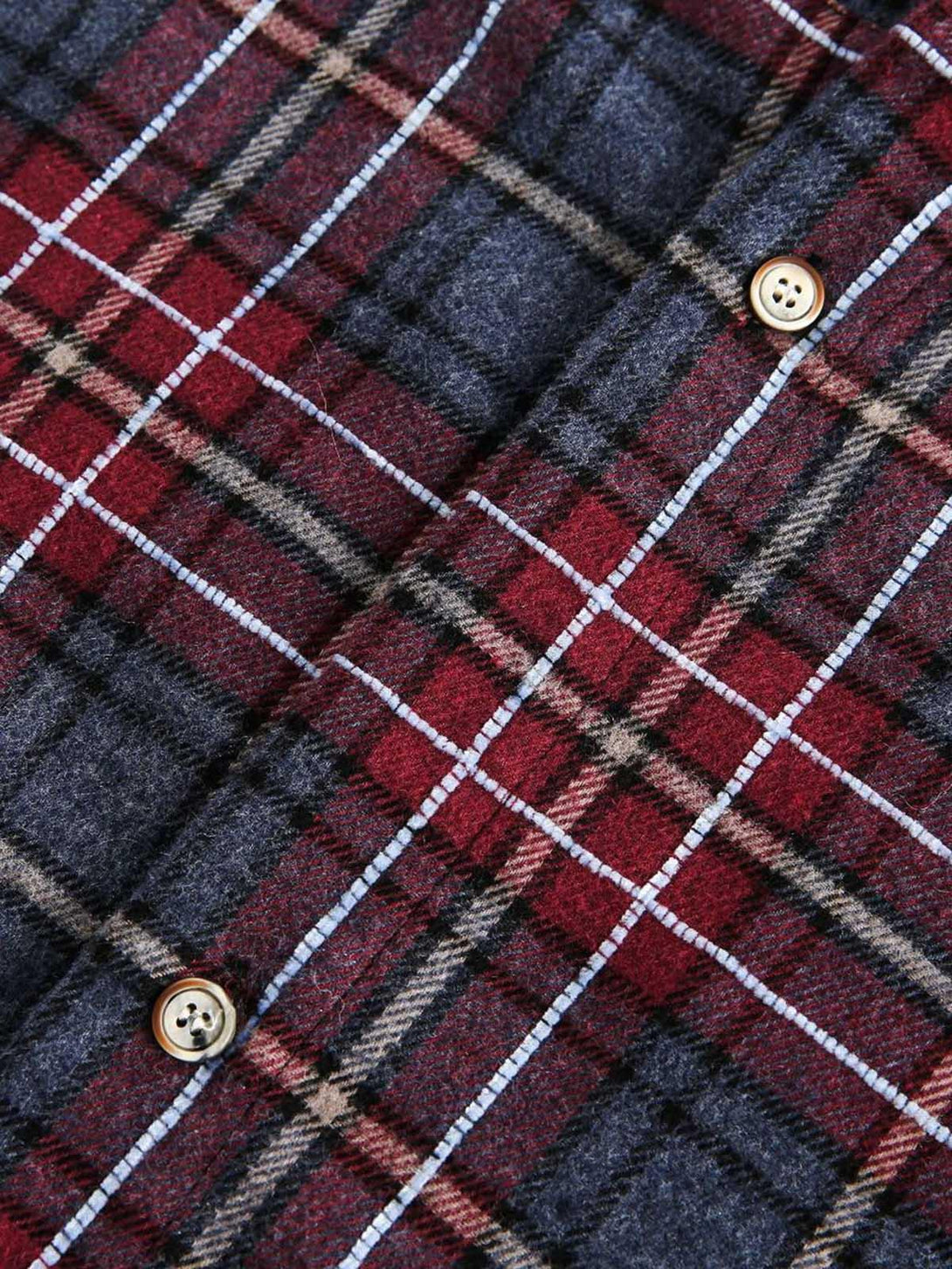 "Zoomed-in texture of TALISHKO's retro faux two-piece plaid shirt with detailed buttons."