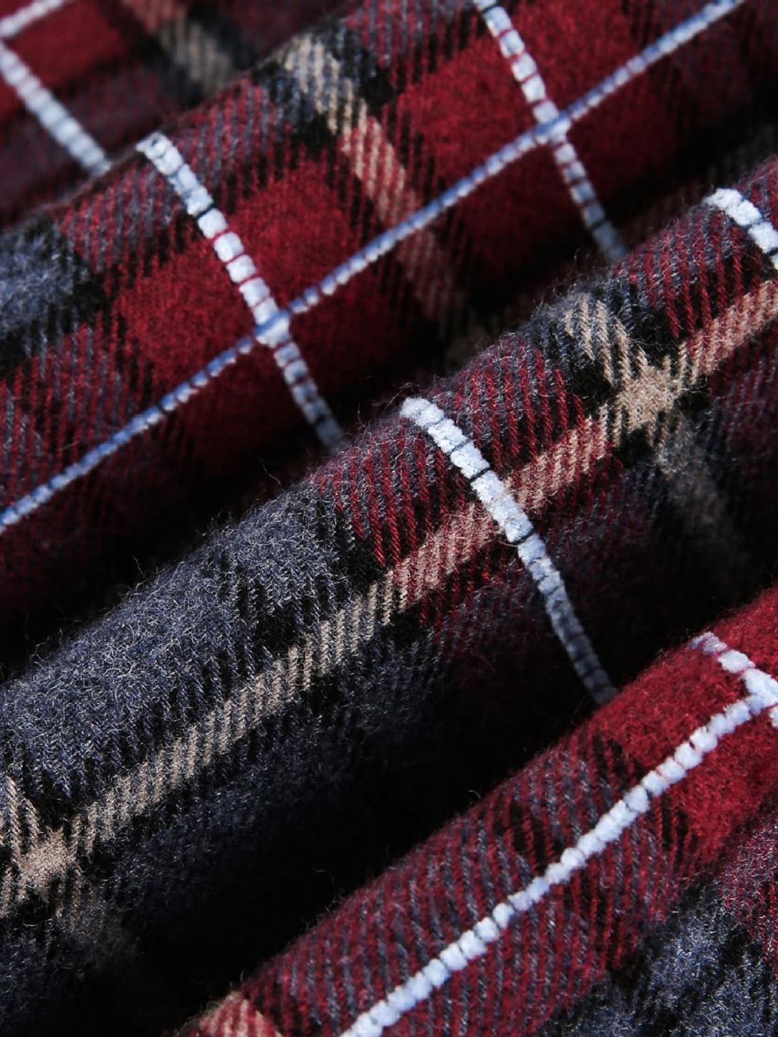 A tight crop highlighting TALISHKO's retro faux two-piece plaid shirt's rich texture and pattern.