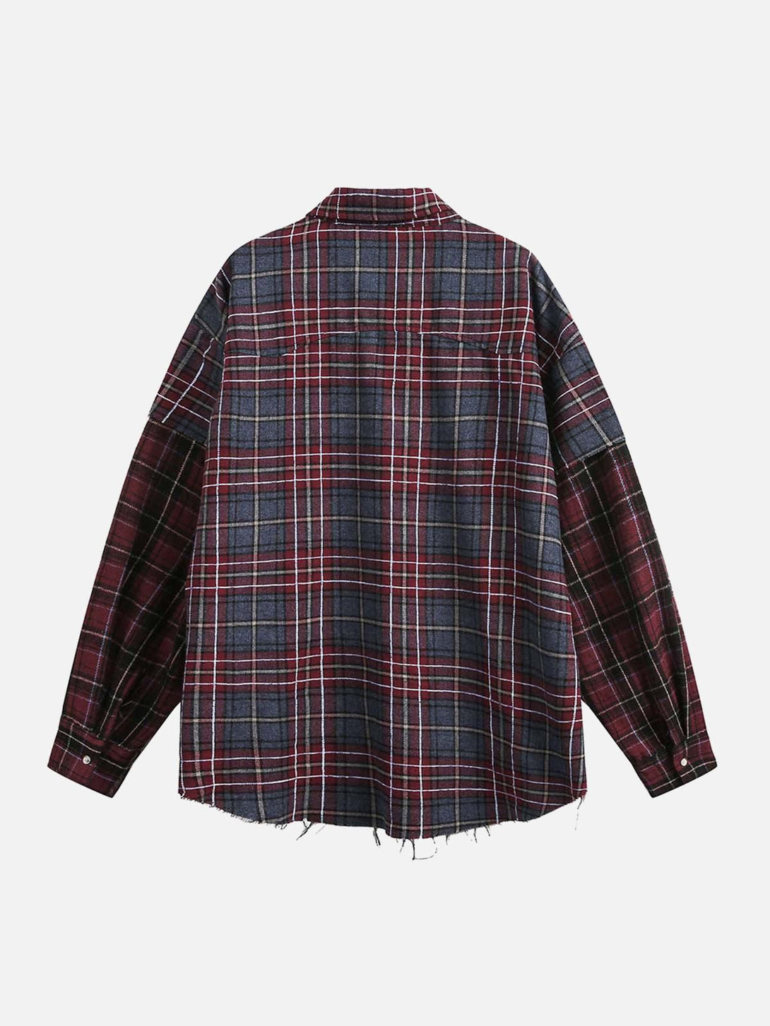 Back view of TALISHKO's retro plaid shirt highlighting its faux two-piece layered design.