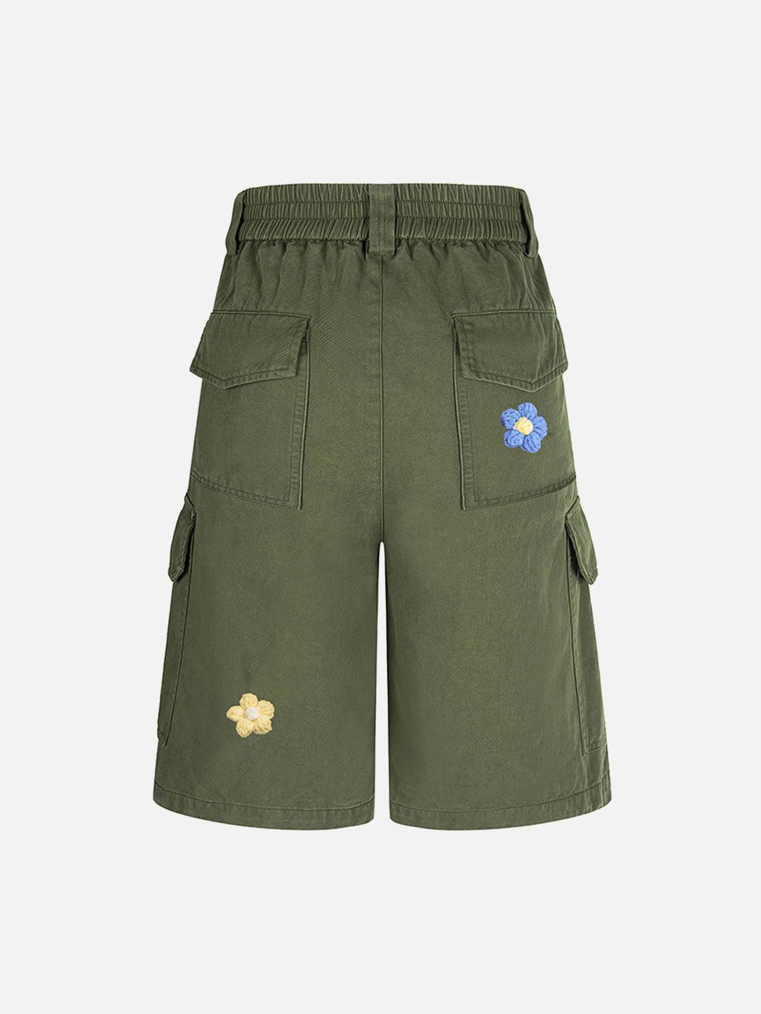 Back view of green cargo jorts by TALISHKO with floral embroidery and multi-pocket design.