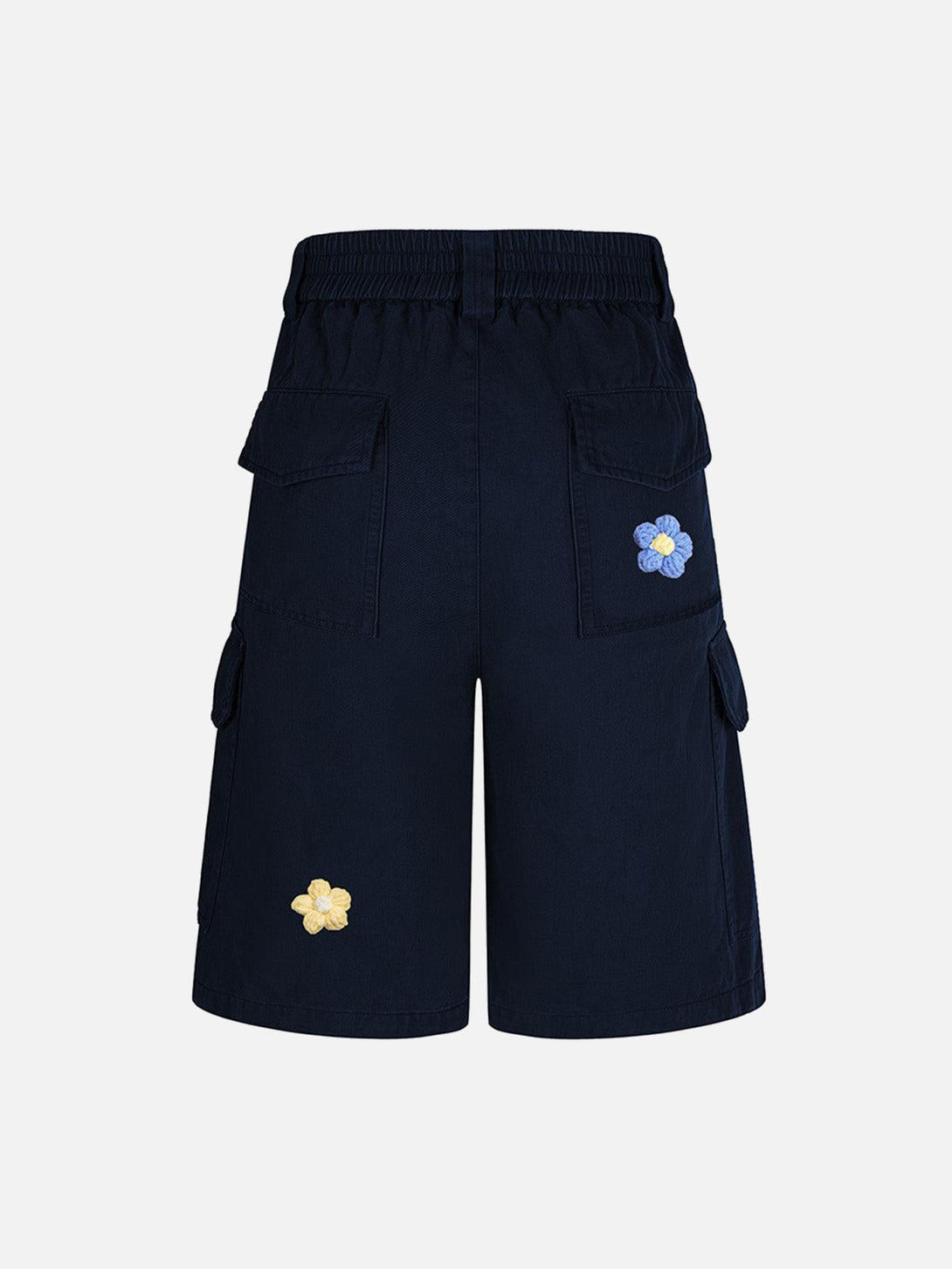Back view of navy cargo jorts by TALISHKO, showcasing floral embroidery and multi-pocket design.